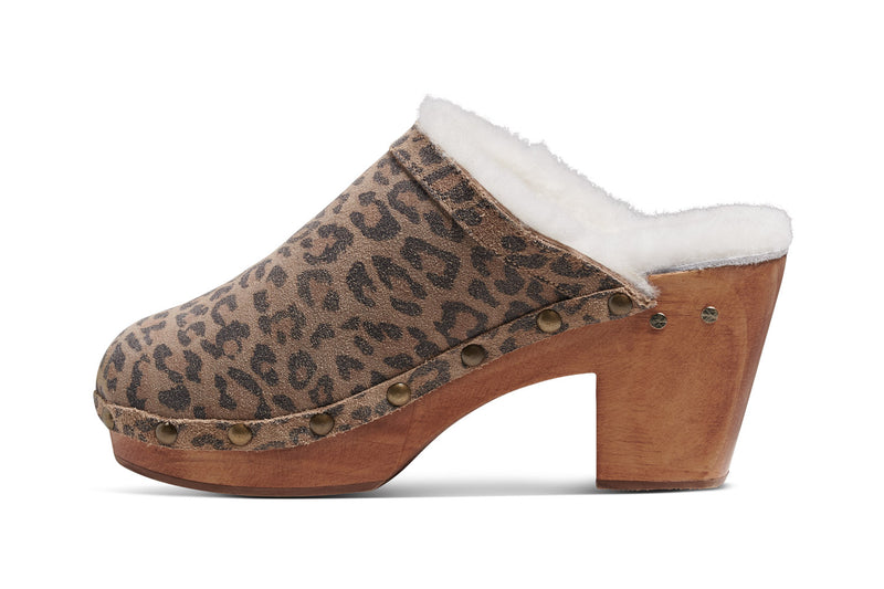Woodpecker shearling clog in leopard - side shot