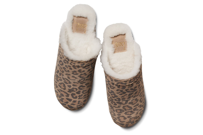 Woodpecker shearling clog in leopard - top shot