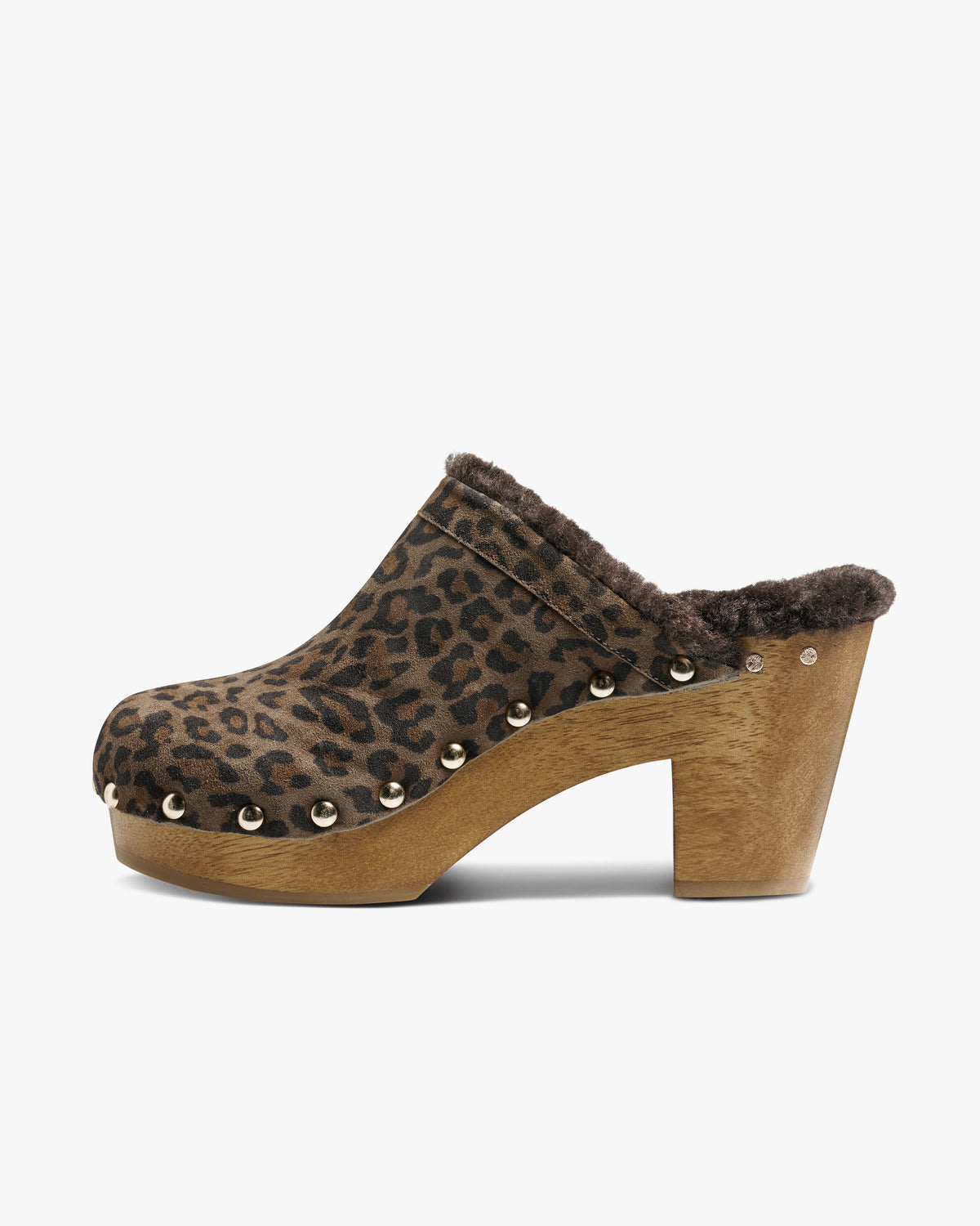 Woodpecker Shearling suede clog in leopard - product side shot