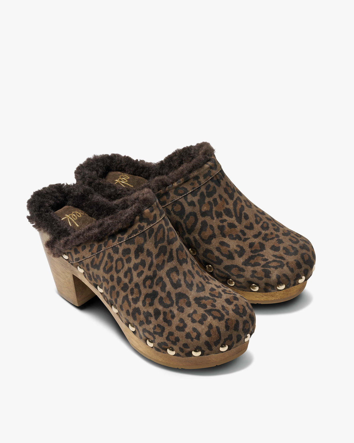 Woodpecker Shearling suede clog in leopard - product angle shot