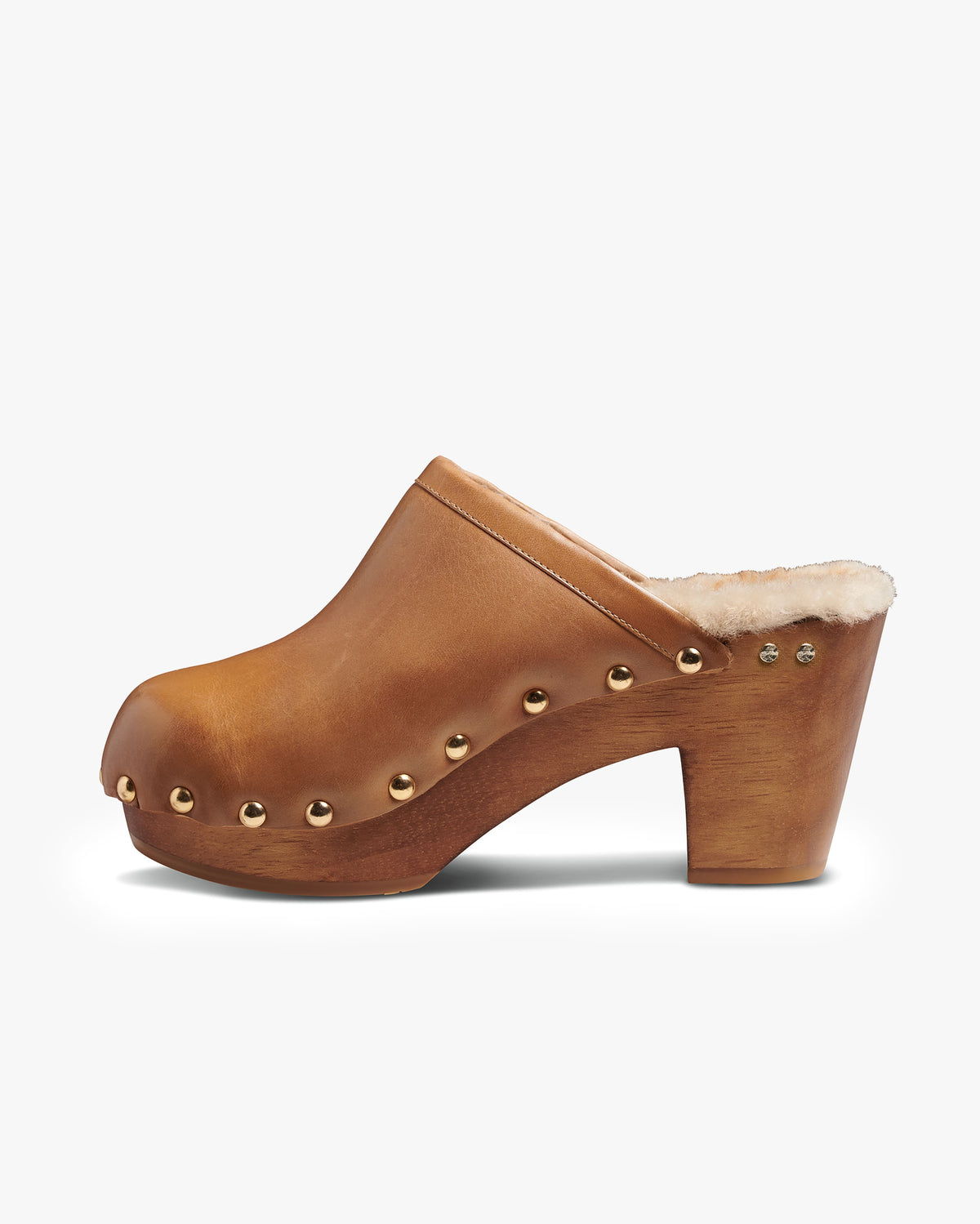 Woodpecker Shearling clogs in saddle - product side shot