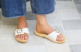 Woodstar clog sandal in vanilla with denim dress