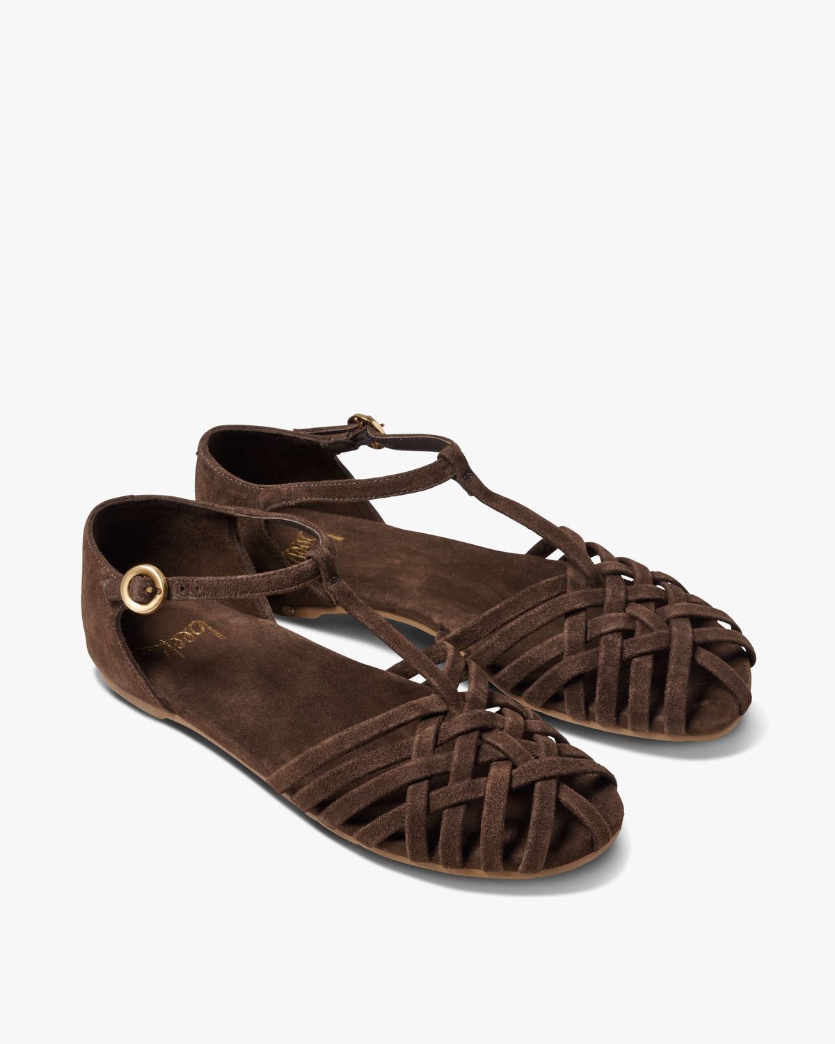 Wren suede basket woven ankle strap sandal in coffee - product angle shot