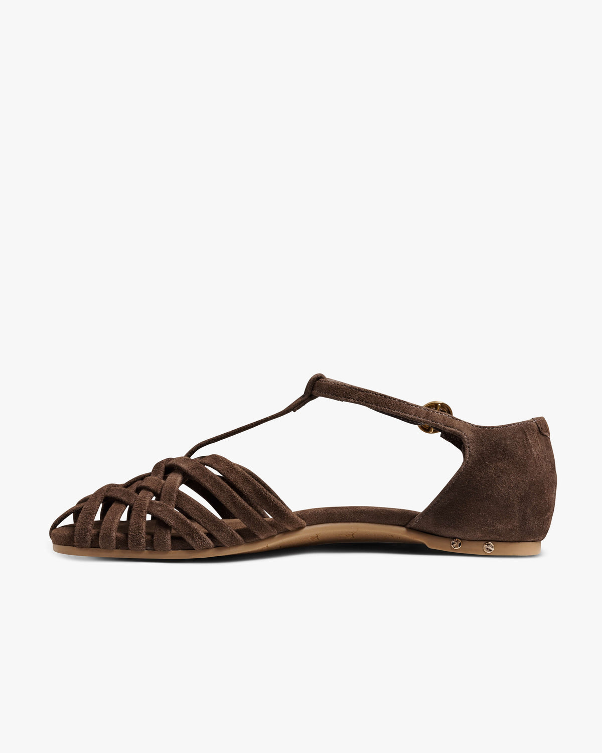 Wren suede basket woven ankle strap sandal in coffee - product side shot
