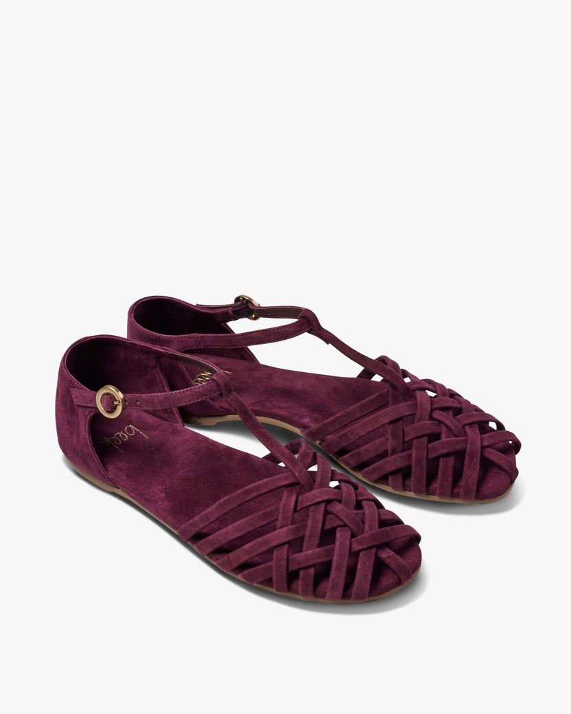 Wren suede basket woven ankle strap sandal in prune - product angle shot