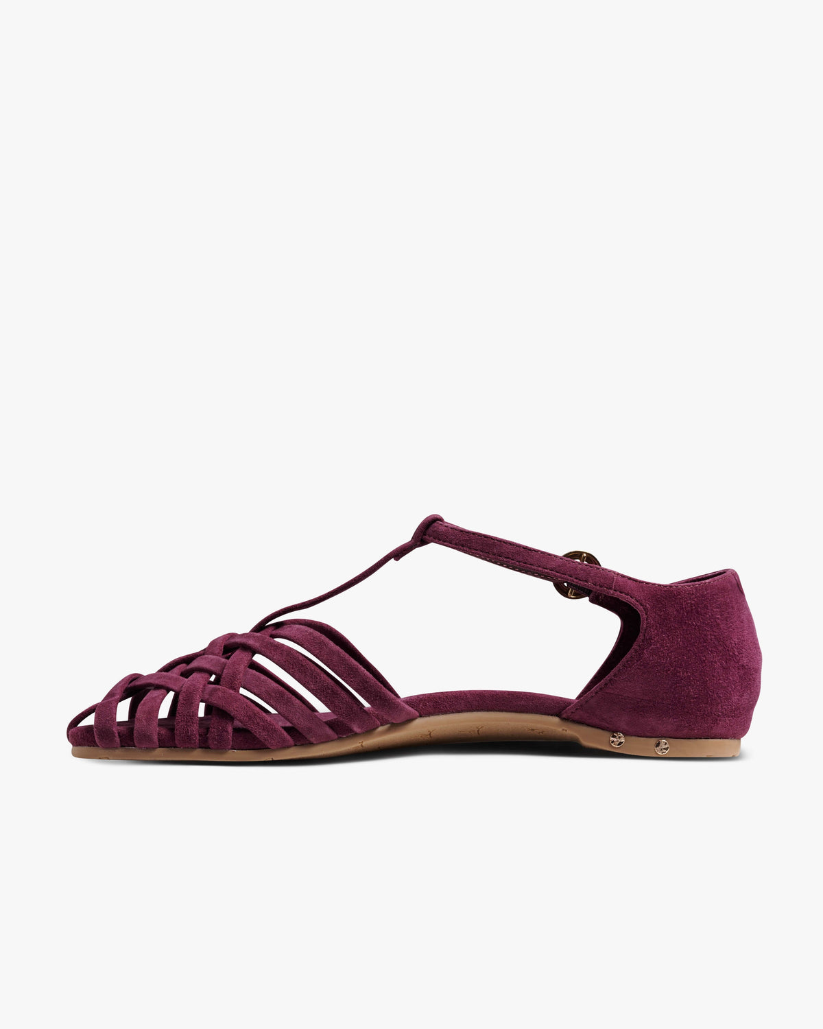 Wren suede basket woven ankle strap sandal in prune - product side shot
