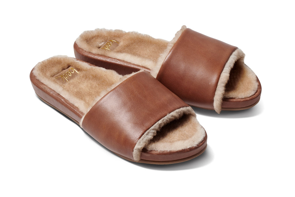 Beek Gallito Genuine Shearling Slide Sandal Cognac Leather
