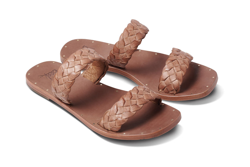 Cockatiel leather slide sandal in cognac - product angle shot