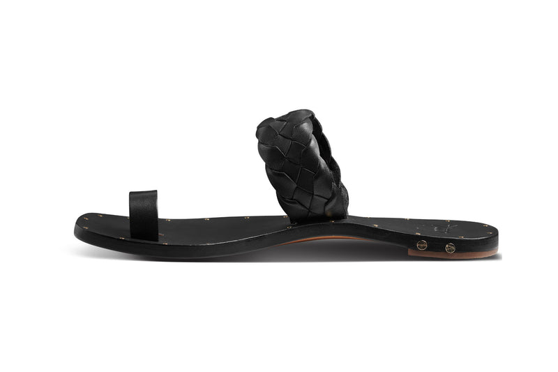 Cockatoo leather toe ring sandal in black - product side shot