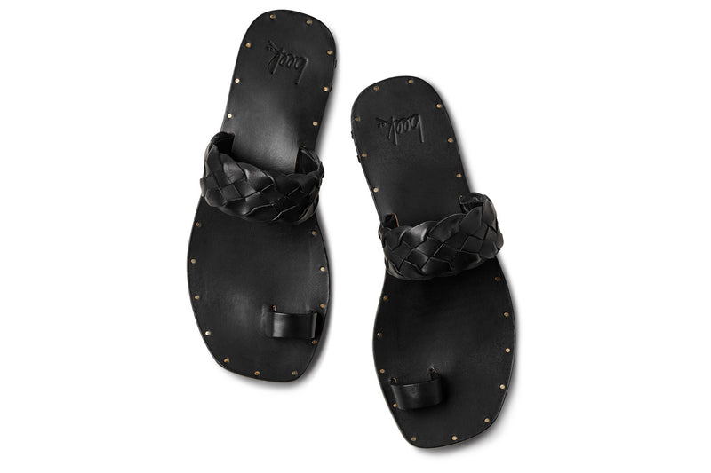 Cockatoo leather toe ring sandal in black - product top shot