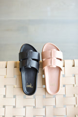 Courser leather slide sandal group product shot  in black and honey