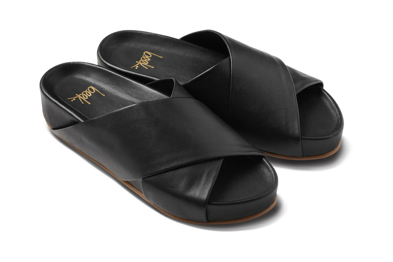 Oriole leather platform sandal in black - product angle shot