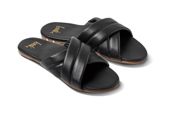 Surfbird leather slide sandal in black - product angle shot