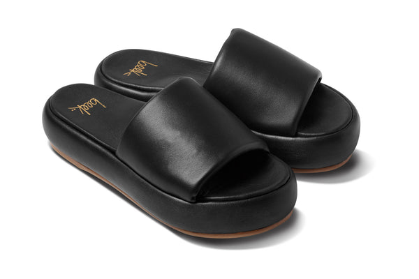 Trumpeter leather platform sandal in black - product angle shot