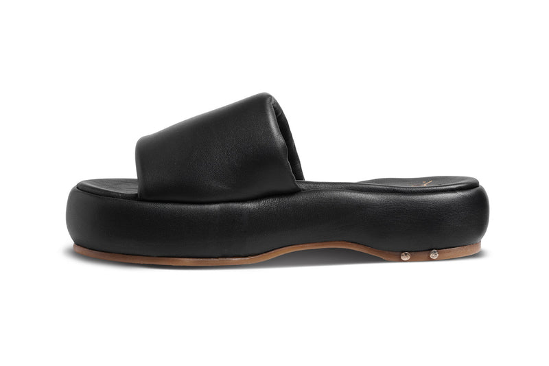 Trumpeter leather platform sandal in black - product side shot